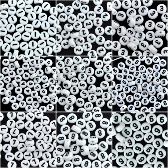 Image de Perles en Acrylique Forme Rond Blanc Chiffres " 2 " 7mm Dia, Tailles de Trous: 1mm, 500 Pcs