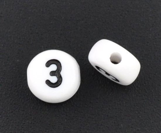 Image de Perles en Acrylique Forme Rond Blanc Chiffres " 3 " 7mm Dia, Tailles de Trous: 1mm, 500 Pcs