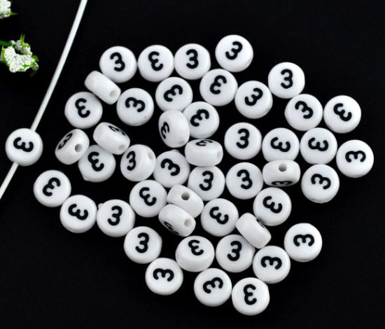 Image de Perles en Acrylique Forme Rond Blanc Chiffres " 3 " 7mm Dia, Tailles de Trous: 1mm, 500 Pcs
