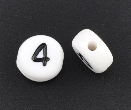 Acrylic Spacer Beads Round White Number " 4 " Pattern About 7mm Dia, Hole: Approx 1mm, 500 PCs