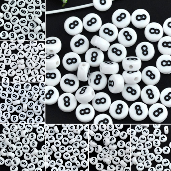 Picture of Acrylic Spacer Beads Round White Number " 5 " Pattern About 7mm Dia, Hole: Approx 1mm, 500 PCs