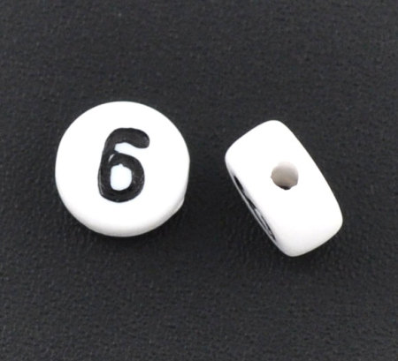 Acrylic Spacer Beads Round White Number " 6 " Pattern About 7mm Dia, Hole: Approx 1mm, 500 PCs