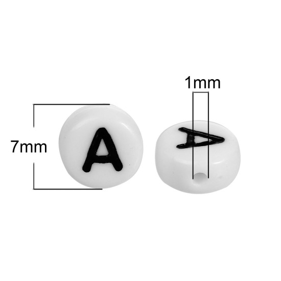 Immagine di Acrilato Separatori Perline Tondo Piatto Bianco Lettera Disegno "A" Circa 7mm Dia, Foro: Circa 1mm, 500 Pz