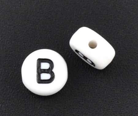 Immagine di Acrilato Separatori Perline Tondo Piatto Bianco Lettera Disegno "B" Circa 3.6mm Dia, Foro: Circa 1mm, 500 Pz