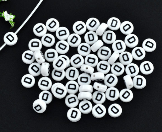 Picture of Acrylic Spacer Beads Round White Alphabet/ Letter "D" About 7mm Dia, Hole: Approx 1mm, 500 PCs