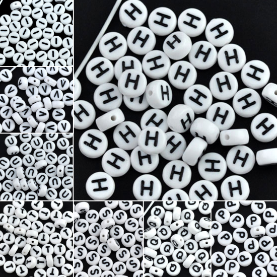 Image de Perle en Acrylique Rond Plat Blanc Alphabet/Lettre "I" 7mm Dia, Taille de Trou: 1mm, 500 PCs
