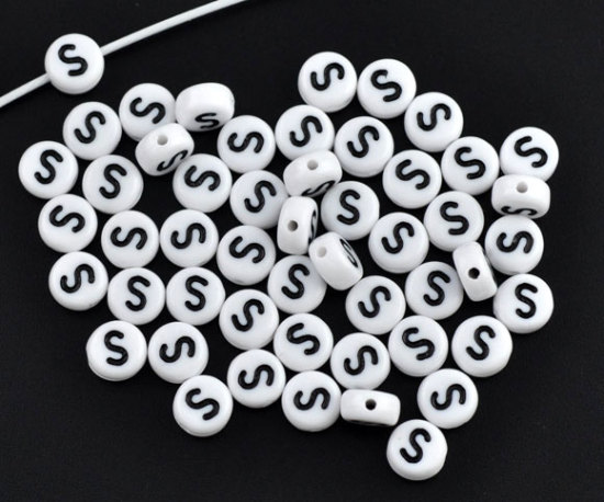 Immagine di Acrilato Separatori Perline Tondo Piatto Bianco Lettera Disegno "S" Circa 7mm Dia, Foro: Circa 1mm, 500 Pz