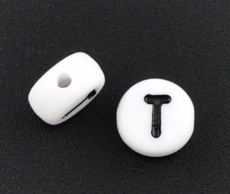 Immagine di Acrilato Separatori Perline Tondo Piatto Bianco Lettera Disegno "T" Circa 7mm Dia, Foro: Circa 1mm, 500 Pz