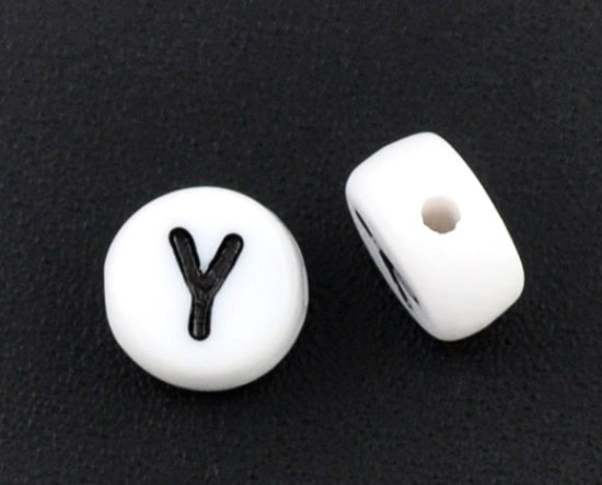 Image de 500 Perles Intercalaires Lettre "Y" Acrylique Ronde Plate Blanc 7mm Dia.