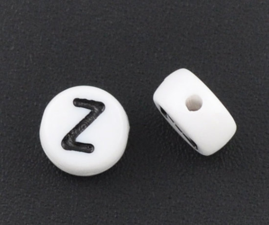 Immagine di Acrilato Separatori Perline Tondo Piatto Bianco Lettera Disegno "Z" Circa 7mm Dia, Foro: Circa 1mm, 500 Pz