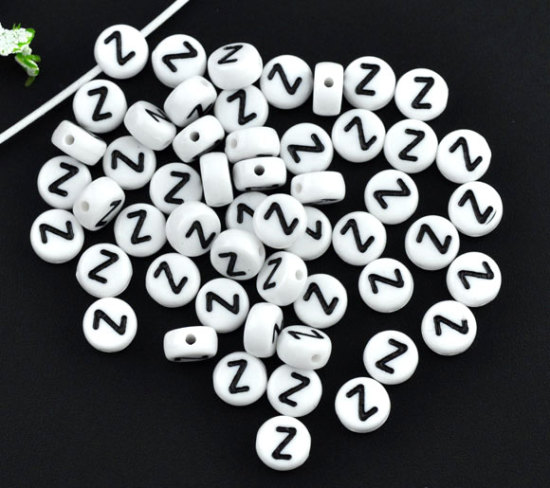 Immagine di Acrilato Separatori Perline Tondo Piatto Bianco Lettera Disegno "Z" Circa 7mm Dia, Foro: Circa 1mm, 500 Pz
