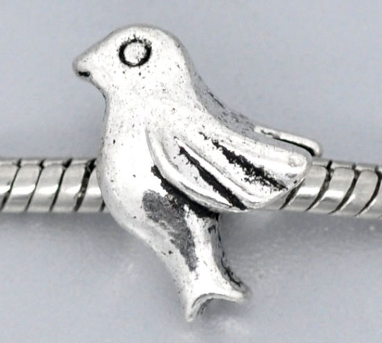 Zinc Metal Alloy European Style Large Hole Charm Beads Pigeon Antique Silver About 16mm( 5/8") x 11mm( 3/8"), Hole: Approx 4.5mm, 4 PCs の画像