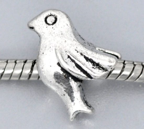 Picture of 20 PCs Zinc Based Alloy European Style Large Hole Charm Beads Antique Silver Color Pigeon Animal 3D 16mm x 11mm, Hole: Approx 4.5mm