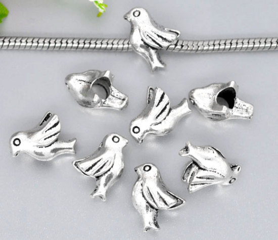Zinc Metal Alloy European Style Large Hole Charm Beads Pigeon Antique Silver About 16mm( 5/8") x 11mm( 3/8"), Hole: Approx 4.5mm, 4 PCs の画像
