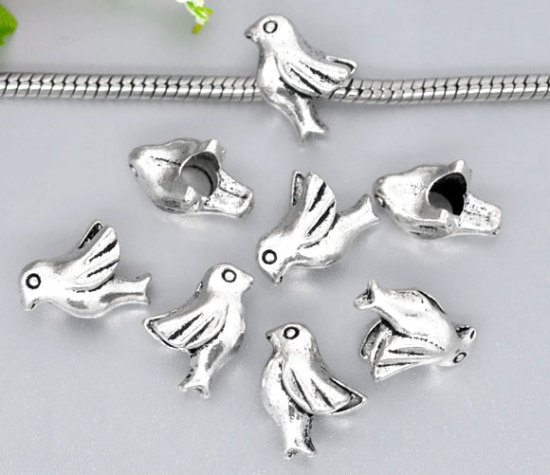 Picture of 20 PCs Zinc Based Alloy European Style Large Hole Charm Beads Antique Silver Color Pigeon Animal 3D 16mm x 11mm, Hole: Approx 4.5mm