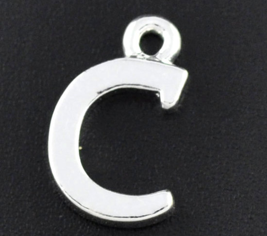 Picture of Zinc Based Alloy Charms Initial Alphabet/ Letter "C" Silver Plated 15mm( 5/8") x 9mm( 3/8"), 30 PCs