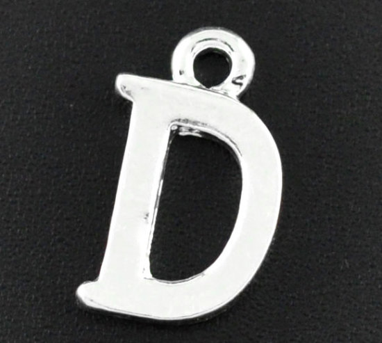 Picture of Zinc Based Alloy Charms Initial Alphabet/ Letter "D" Silver Plated 15mm( 5/8") x 9mm( 3/8"), 30 PCs