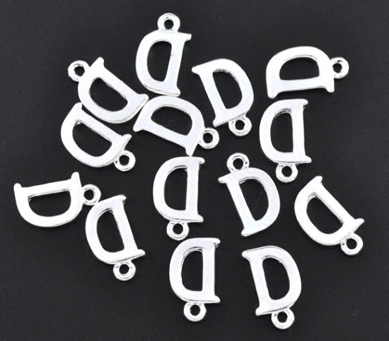 Picture of Zinc Based Alloy Charms Initial Alphabet/ Letter "D" Silver Plated 15mm( 5/8") x 9mm( 3/8"), 30 PCs