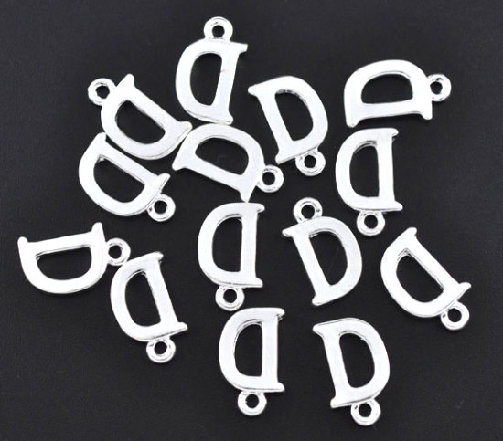 Image de Breloque en Alliage de Zinc Initial Alphabet/ Lettre "D" Argenté 15mm x 9mm, 30 PCs