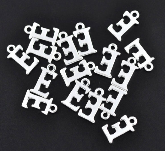 Picture of Zinc Based Alloy Charms Initial Alphabet/ Letter "E" Silver Plated 16mm( 5/8") x 9mm( 3/8"), 30 PCs