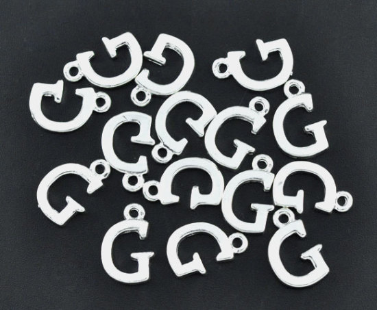 Picture of Zinc Based Alloy Charms Initial Alphabet/ Letter "G" Silver Plated 16mm( 5/8") x 10mm( 3/8"), 30 PCs