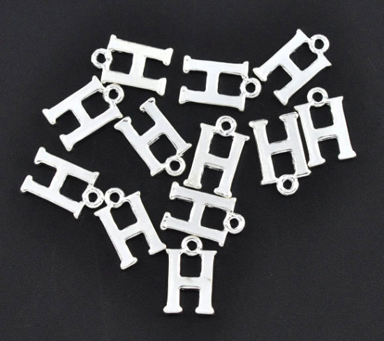 Image de Breloque en Alliage de Zinc Initial Alphabet/ Lettre "H" Argenté 15mm x 9mm, 30 PCs