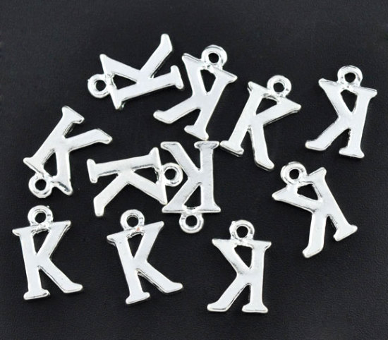 Picture of Zinc Based Alloy Charms Initial Alphabet/ Letter " K " Silver Plated 15mm( 5/8") x 10mm( 3/8"), 30 PCs