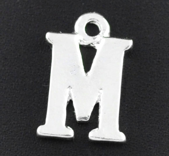 Image de Breloque en Alliage de Zinc Initial Alphabet/ Lettre " M " Argenté 15mm x 10mm, 30 PCs