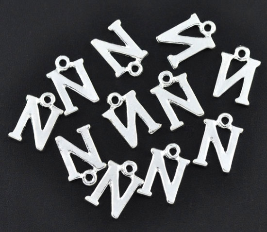 Image de Breloque en Alliage de Zinc Initial Alphabet/ Lettre " N " Argenté 15mm x 10mm, 30 PCs