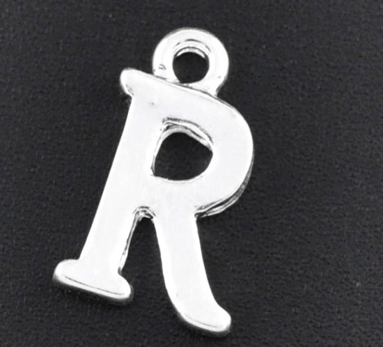 Image de Breloque en Alliage de Zinc Initial Alphabet/ Lettre " R " Argenté 16mm x 9mm, 30 PCs