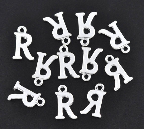 Image de Breloque en Alliage de Zinc Initial Alphabet/ Lettre " R " Argenté 16mm x 9mm, 30 PCs