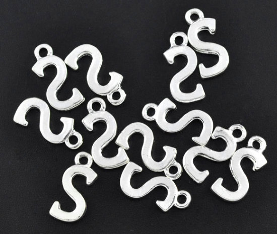 Picture of Zinc Based Alloy Charms Initial Alphabet/ Letter " S " Silver Plated 15mm( 5/8") x 7mm(2/8"), 30 PCs