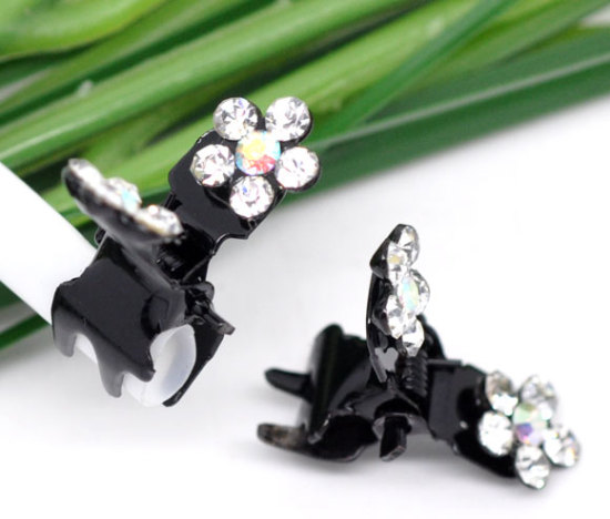 Picture of Hair Claw Clips Black Flower Pattern AB Color Rhinestone 20mm x 13mm, 2 PCs