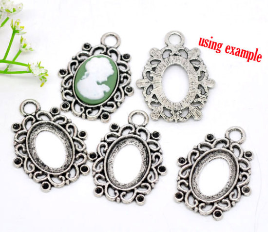 Picture of Zinc Based Alloy Cabochon Settings Pendants Oval Antique Silver Color (Fits 18mmx13mm) (Can Hold ss8 Pointed Back Rhinestone) 34mm x 26mm, 3 PCs