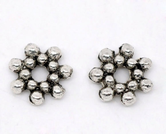 Picture of Zinc Based Alloy Spacer Beads Flower Antique Silver Color About 6.5mm x 6.5mm, Hole:Approx 1.5mm, 300 PCs