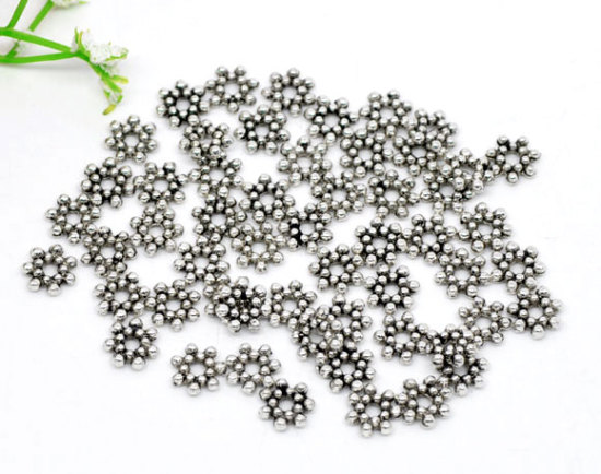 Picture of Zinc Based Alloy Spacer Beads Flower Antique Silver Color About 6.5mm x 6.5mm, Hole:Approx 1.5mm, 300 PCs