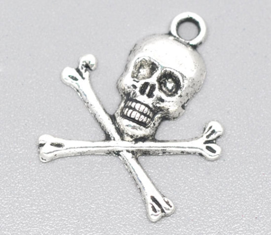 Bild von Zinklegierung Halloween Charm Anhänger Schädel Antiksilber 24mm x 21mm, 30 Stücke