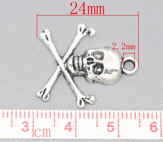 Bild von Zinklegierung Halloween Charm Anhänger Schädel Antiksilber 24mm x 21mm, 30 Stücke