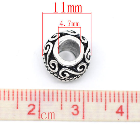 Picture of Zinc Metal Alloy European Style Large Hole Charm Beads Round Antique Silver S Pattern About 11mm Dia, Hole: Approx 4.7mm, 20 PCs