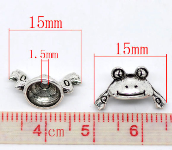 Bild von Zinklegierung Perlkappen Frosch Antiksilber Muster (für Perlengröße: 8mm-10mm D.) 15mm x 9mm 15mm x 7mm, 10 Sets