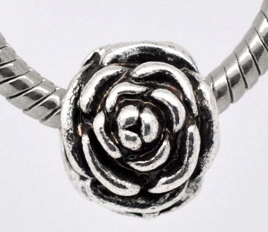 Bild von Zinklegierung European Stil Charm Großlochperlen Antik Silber Blumen Rosa etwa 13mm x 12mm, Loch:Ca 4.8mm, 20 Stücke