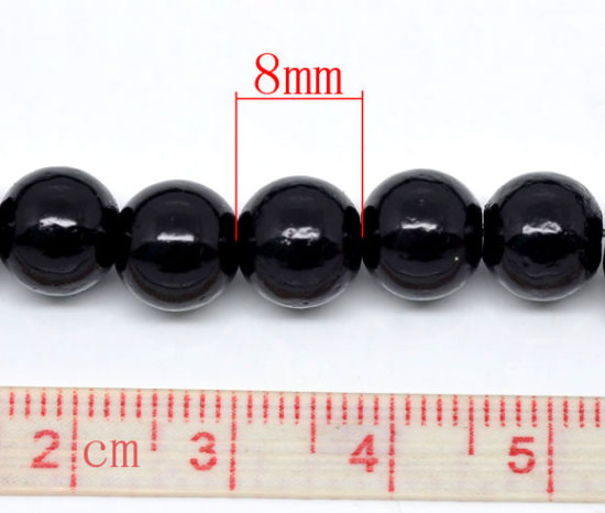 Picture of Glass Pearl Imitation Beads Round Black About 8mm Dia, Hole: Approx 1mm, 82cm long, 5 Strands (Approx 105 PCs/Strand)