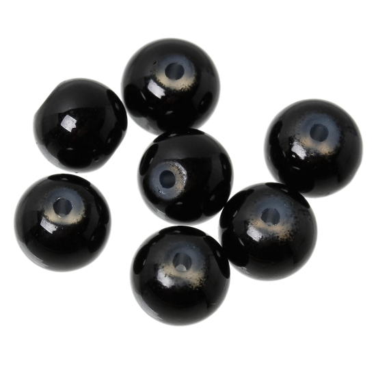 Picture of Glass Pearl Imitation Beads Round Black About 8mm Dia, Hole: Approx 1mm, 82cm long, 5 Strands (Approx 105 PCs/Strand)