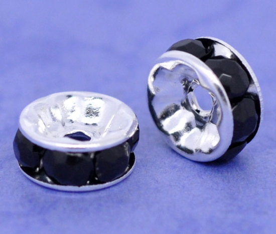 Imagen de Cuentas Espaciador Arandela Latón Ronda,Negro,Argentado Negro Rhinestone 8mm Diámetro, Agujero: acerca de 1.3mm, 100 Unidades