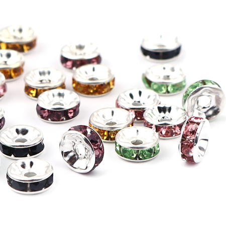 Brass Rondelle Spacer Beads Round Silver Plated Mixed Rhinestone About 8mm( 3/8") Dia, Hole:Approx 1.3mm, 100 PCs