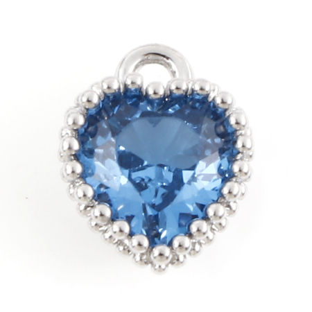 Bild von Messing Monatsstein Charms Echt Platin plattiert Herz März Aquamarinblau Zirkonia 8mm x 6,5mm, 2 Stück