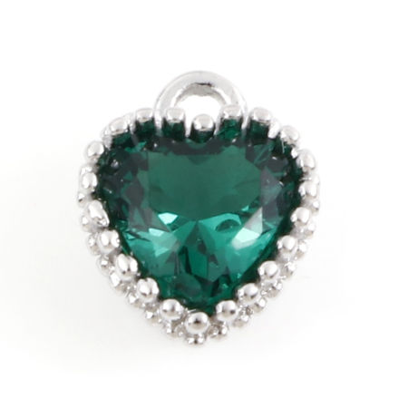 Picture of Brass Birthstone Charms Real Platinum Plated Heart May Emerald Cubic Zirconia 8mm x 6.5mm, 2 PCs
