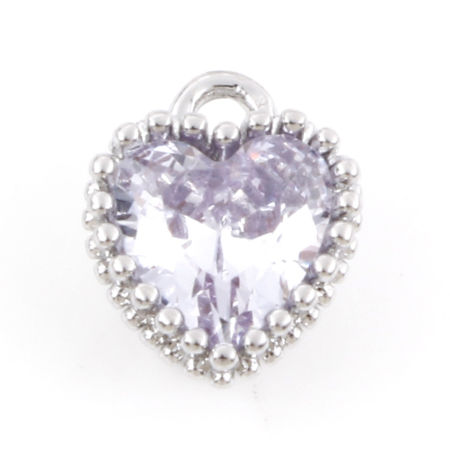 Bild von Messing Monatsstein Charms Echt Platin plattiert Herz Juni Helllila Zirkonia 8mm x 6,5mm, 2 Stück