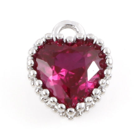 Bild von Messing Monatsstein Charms Echt Platin plattiert Herz Juli Fuchsie Zirkonia 8mm x 6,5mm, 2 Stück