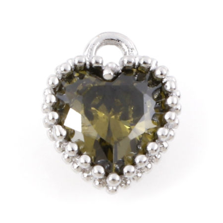 Bild von Messing Monatsstein Charms Echt Platin plattiert Herz August Olivgrün Zirkonia 8mm x 6,5mm, 2 Stück